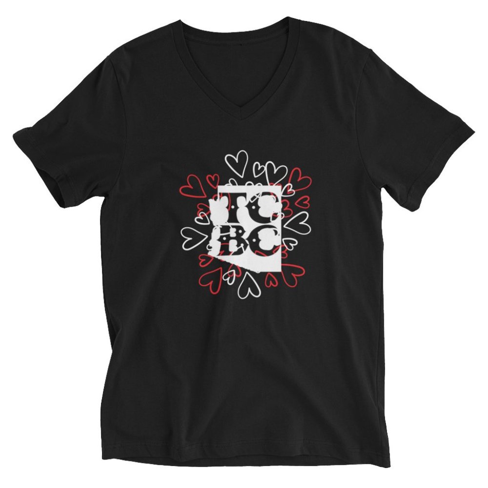 TCBC Brewery Love Hearts Logo V Neck Short Sleeve Black Unisex T Shirt - LG